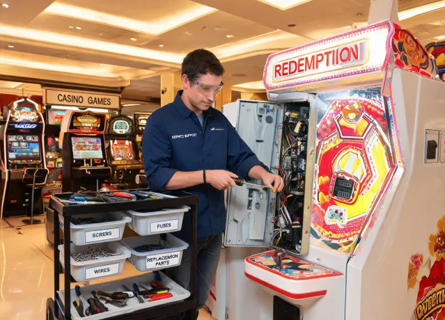 Technician servicing gaming cabinet